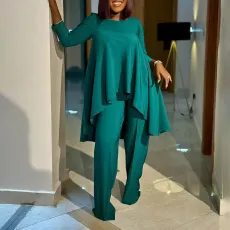 Fashion temperament big size long sleeve top wide leg pants set