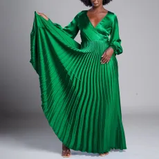 Fashion V-neck long sleeve pressed pleated plus size dress
