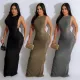 Fashionable women's solid color round neck sleeveless slit long dress dress