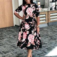Fashion Large Size High Waist Round Neck Mid Sleeve Printed Dresses
