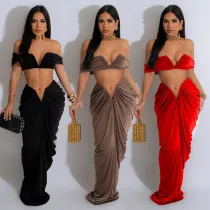 Fashion women's solid color sexy strapless pleated skirt two-piece set