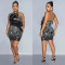 Fashion women's solid color mesh hot diamond feather short skirt dress