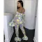 Sexy One Shoulder Printed Perspective Mesh Flare Sleeves jumpsuit
