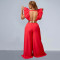 Fashionable women's solid color sexy V-neck pleated long pants jumpsuit