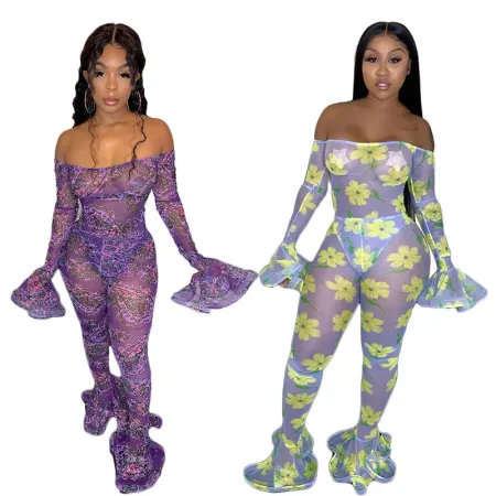 Sexy One Shoulder Printed Perspective Mesh Flare Sleeves jumpsuit