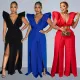 Fashionable women's solid color sexy V-neck pleated long pants jumpsuit