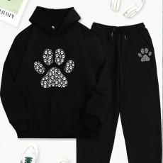 Fashion Casual Bear Paw Print Hooded Sweatshirt Two Piece Set