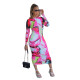 Fashionable women's round neck printed slim fitting long sleeved dress