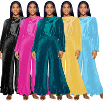 Fashion women's long sleeved pleated loose casual two-piece set
