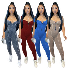 High elastic pit stripe short sleeved printed tight and sexy jumpsuit