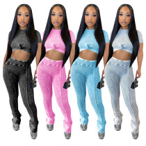 Hot selling women's short sleeved open navel pit stripe printed sports suit