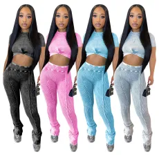 Hot selling women's short sleeved open navel pit stripe printed sports suit