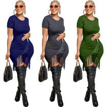 Fashion Solid Color Round Neck Short Sleeve Tassel Hem Dresses