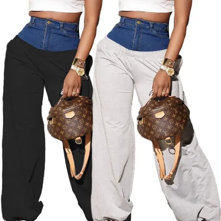 Hot selling denim hoodie pull-up combination straight leg pants