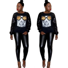 Fashionable casual sequin printed patchwork long sleeved top hoodie