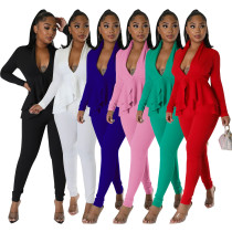 Autumn V-neck ruffled long sleeved pencil pants solid color slim fit set