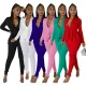 Autumn V-neck ruffled long sleeved pencil pants solid color slim fit set