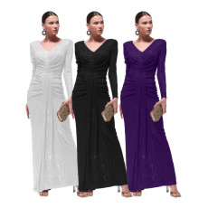 V-neck long sleeved high waisted tight fitting beaded pleated long dress, banquet sequin formal dress