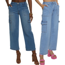 Fashion Pocket High Waist Stretch Slim Elastic Waist Straight Leg Pants