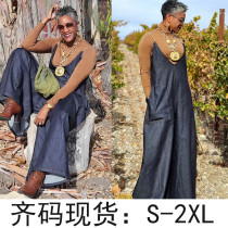 Fashion Featured Metal Halter Faux Denim Jumpsuit