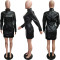 Solid PU leather long sleeve pocket zipper dress