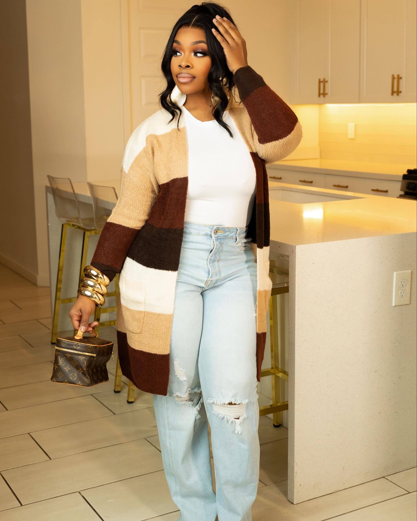 Casual Striped Long Sleeve Sweater Coat