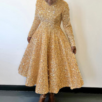 Fashion Plus Size Solid Color Sequin High Waist Mid-Length Gown Dresses