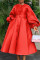 Solid color glossy loose button button lantern sleeve dress