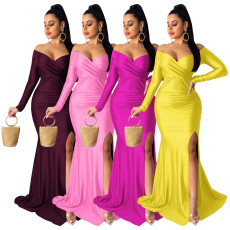 Sexy Dress Nightclub V-Neck Gift Dress Solid Color Large Split Long Dress Autumn/Winter Long Sleeves
