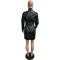 Solid PU leather long sleeve pocket zipper dress