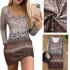 Fashion Leopard Print Button Pocket Round Neck Long Sleeve Mini Dress