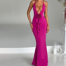 Fashion Slim Sexy Halter Dress Solid Color Ruffle High Waist Dresses