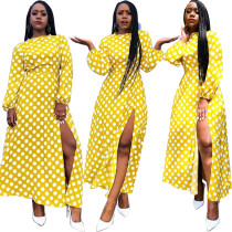 Fashion Round Neck Polka Dot Long Sleeve High Split Midi Dresses