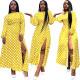 Fashion Round Neck Polka Dot Long Sleeve High Split Midi Dresses