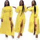 Fashion Round Neck Polka Dot Long Sleeve High Split Midi Dresses