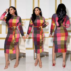 Fashion Positioning Color Clash Print Side Split Slim Dress With Belt