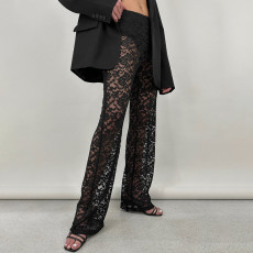 Sexy and versatile lace see-through high-waisted splicing long straight pants