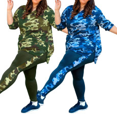 Fashion Plus Size Camouflage Print Long Sleeve Long Pants Set
