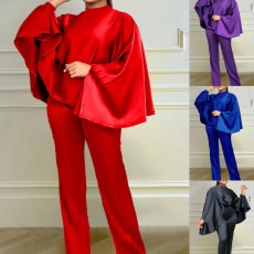 Fashion Large Size Stretch Satin Long Sleeve Poncho Two Piece Set