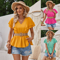 Fashion V-neck ruffled solid color short sleeve waist small tops