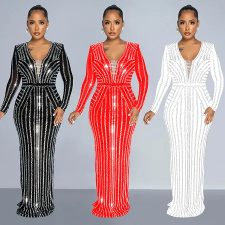 Fashion Solid Color Hot Rhinestone Long Sleeve Split Long Dresses