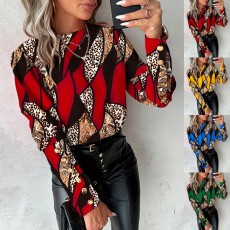 Fashion Plus Size Long Sleeve Button Leopard Print T-Shirt Top