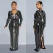 Fashion Solid Color Hot Rhinestone Long Sleeve Split Long Dresses