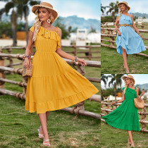 Stylish One-Shoulder Solid Color Ruffle Waist-Cutting Dress