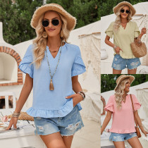 Fashion Casual Short Sleeve Shirt Solid Color V-Neck Top