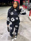 Printed hoodie, hat, pullover, long pants, sports two-piece set