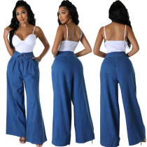 Fashionable high waisted loose and simple wide leg solid color elastic jeans