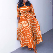 Stylish Plus Size Lace-Up Printed Mid-Length Dress