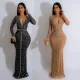 Fashion Women's Solid Color Mesh Hot Drilling Long Dresses Dresses