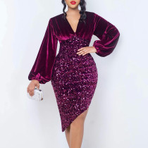 Fashion plus size V-neck gold velvet sequin package hip dress dresses
